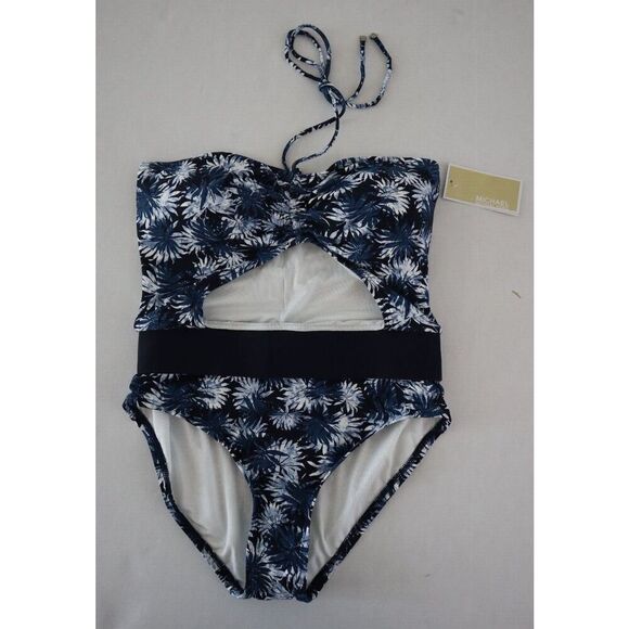 Michael Kors MM8J591 Size 8 Navy Palm Print Bandeau Cutout 1-Piece Swimsuit - Picture 6 of 7